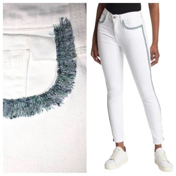 7 For All Mankind White High Waist Ankle Fringe Seam Skinny Jeans Size 26 NWT - Picture 1 of 16